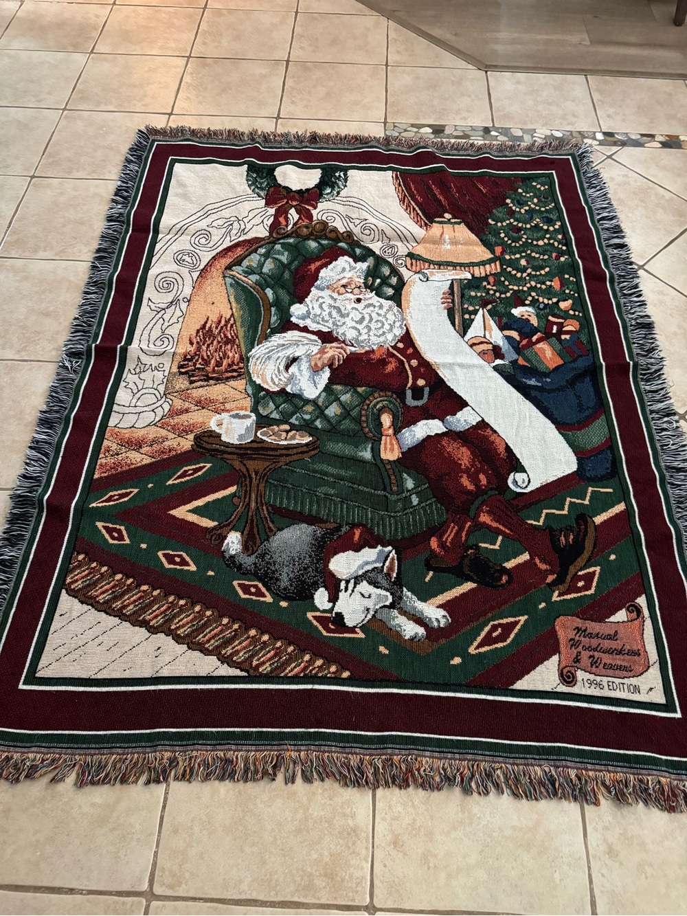Vintage 1996 Santa Christmas Tapestry Throw Blanket Maxwell Woodworkers Fringe